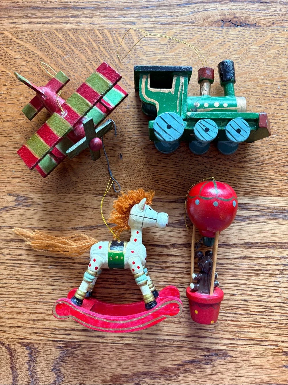 VTG Allegro Set of 4 Wooden Ornaments- train, plane, horse, balloon with boxes - Picture 2 of 16